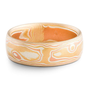 Luminous Mokume Gane Wedding Ring or Band in Fire Palette and Woodgrain Pattern with Etched Finish