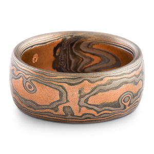 Organic Feeling Mokume Gane Ring in Oxidized Embers Palette and Woodgrain Pattern