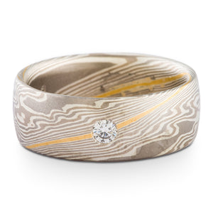 Classic Mokume Gane Ring or Wedding Band in Smoke Palette and Twist Pattern with 22k gold stratum and Flush Set Diamond
