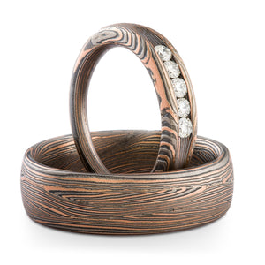 mokume ring set with channel set diamonds