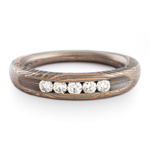 Elegant Woodsy Mokume Gane Engagement Ring or Band in Flow Pattern with Mokume Knots and Channel Set Diamonds