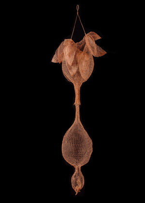 Abstract botanical copper wire metal hanging form sculpture with botanical feminine references. nature inspired home decor, interior design, art piece