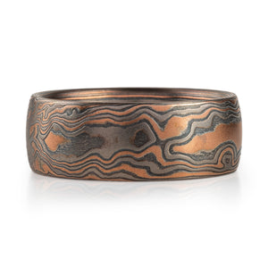 wide mokume gane ring with red gold palladium and oxidized silver