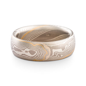 Elegant Mokume Gane Ring or Wedding Band in Smoke Palette and Twist Pattern with added Yellow Gold Stratum