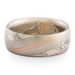 Breezy Mokume Gane Wedding Band or Ring in Twist Pattern and Ash Palette with Red Gold Stratum