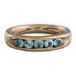 Enchanted Woods Mokume Gane Engagement Ring or Band in Woodgrain Pattern with Channel Set Blue Sapphires