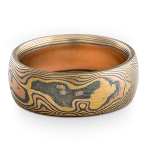 Wild Forest Mokume Gane Wedding Ring or Band in Fire Palette and Woodgrain Pattern
