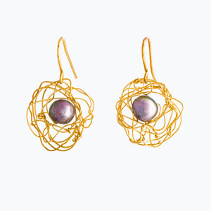 Spun Disk Earrings with Iridescent Pearls