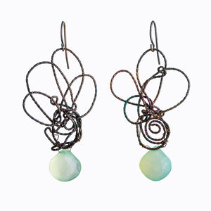 Earrings sterling silver wire knots with chalcedony briolettes, Susan Freda, organic and nature inspired jewelry, oxidized silver