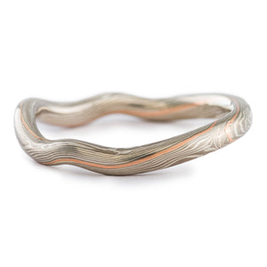 Specialized Contoured Mokume Gane Ring or Wedding Band in Twist Pattern and Ash Palette with Red Gold Stratum