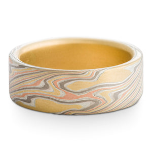 Mokume Gane Ring band by Arn Krebs in twist pattern and firestorm palette, yellow gold red gold palladium silver, flat profile, non oxidized