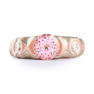 pink sapphire mokume engagement ring with cathedral setting