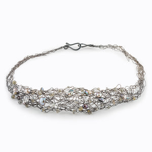 Woven Oxidized Silver Collar with Assorted Stones