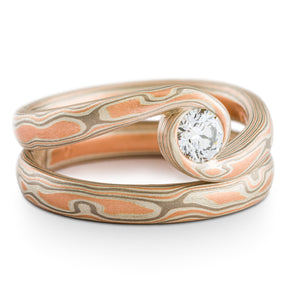 mokume gane wedding ring set with diamond