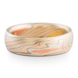 Mokume Gane ring or wedding band arn krebs custom made, firestorm palette twist pattern, non oxidized, red gold palladium yellow gold and silver 