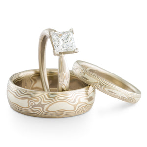 Mokume Gane rings or wedding set by arn krebs, smoke palette and woodgrain pattern, prong set square diamond, white gold palladium and silver