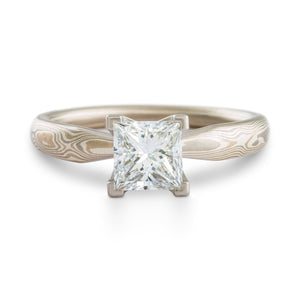 Mokume Gane ring or engagement ring by arn krebs, woodgrain pattern and smoke palette, white square diamond prong setting, palladium white gold and silver