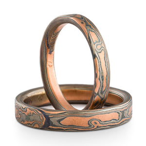 Mokume gane arn krebs, woodgrain pattern embers palette, rings, wedding, red gold palladium and silver
