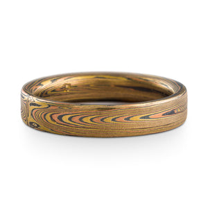 Mokume Gane ring or wedding band arn krebs, fire palette and vortex pattern, flat profile, yellow gold red gold and silver, etched and oxidized finish