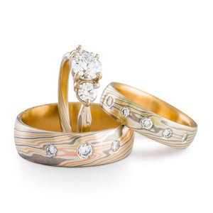 Mokume Gane ring set or three ring wedding set arn krebs, diamonds, yellow gold red gold palladium and sterling silver