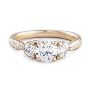 Mokume Gane ring or engagement ring arn krebs, Prong set round diamonds, twist pattern and flare palette, yellow gold palladium and silver