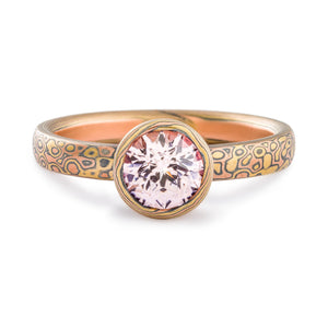 Mokume Gane ring or engagement ring arn krebs, pink sapphire in a mokume bezel, droplet pattern and fire palette, yellow gold red gold and silver