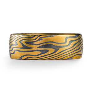 yellow gold and oxidized silver mokume gane ring, wide style, low dome
