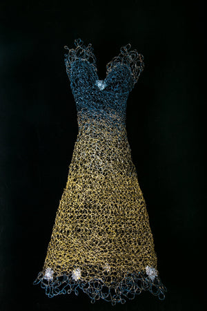 gradient dress in blue and gold woven wire 