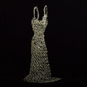 Champagne gold and silver wire dress standing small scale sculpture long with spaghetti straps, table top decoration, accent piece, home decor