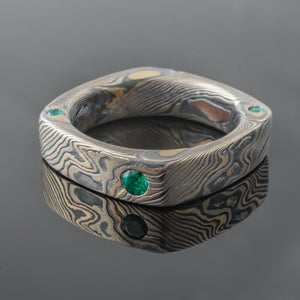 Mokume Square Ring Mens Wedding Band emerald artisan crafted nature inspired handcrafted organic contemporary modern earthy topographical multicolor metal yellow gold white gold oxidized sterling silver pattern tree rings