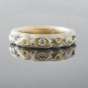 Mokume Gane Ring mens Wedding Band diamonds mokume gane mixed metal two tone two-toned artisan crafted nature inspired handcrafted organic contemporary modern earthy topographical multicolor metal yellow gold white sterling silver pattern tree rings