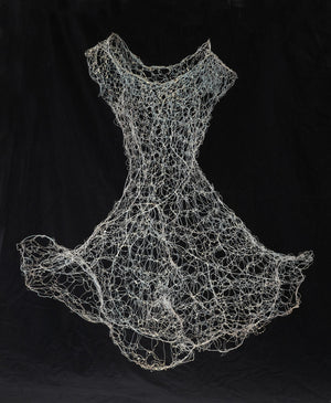 Woven copper wire with resin and gold powder.Wire Dress Sculpture