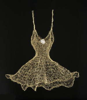 Intricately hand woven brass wire with accents of resin, glass, and gold powder.Wire Dress Sculpture