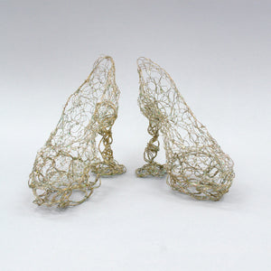 Green gold patina loose woven wire platform shoes heels sculptures, small sculpture, home decor