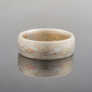 Mens wide mokume ring. Mokume Gane Ring or Wedding Band in Woodgrain Mokume Gane Ring or Wedding Band in Embers Palette and Woodgrain Pattern Mokume Gane Rings or silver mixed metal 14K yellow gold white gold two tone two-toned woodgrain Pattern black blackened oxidized silver palladium alternative metal nature inspired bohemian rustic japanese style artisan topographical earthy style unique handmade wedding band mens womens