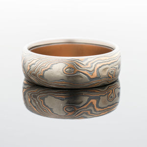 arn krebs mokume gane ring wedding jewelry mens band white gold, red gold and oxidized silver
