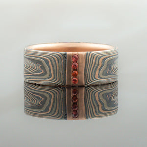 Unique Mokume Gane Wedding Ring in Vortex Pattern and Embers Palette w/ Rubies and Sapphires