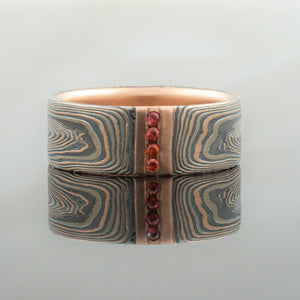 Unique Mokume Gane Wedding Ring Set or Bands in Vortex Pattern and Embers Palette w/ Rubies and Sapphires