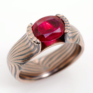arn krebs mokume gane jewelry wedding ring engagement ring with ruby in gold and oxidized silver