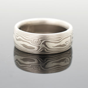 mokume gane wedding band ring in silver and white gold