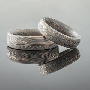 mokume ring feather pattern red gold silver mokume ring set