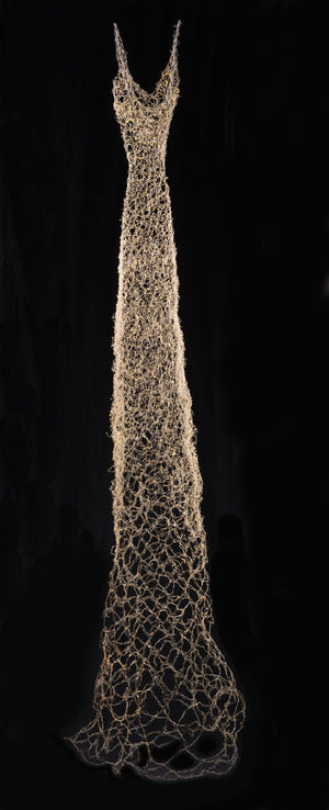 Hand woven brass wire with tree sap based resin.Wire Dress Sculpture