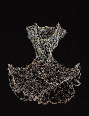 Hand woven copper wire with resin and patina. Wire Dress Sculpture