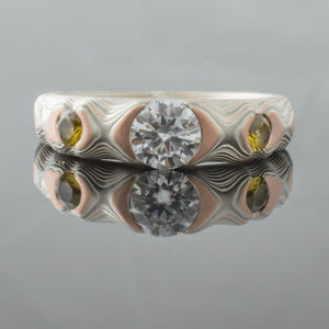 mokume gane ring wedding band center diamond moissanite woodgrain