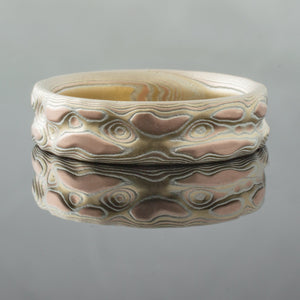mokume gane ring mens band in red gold, white gold and oxidized silver