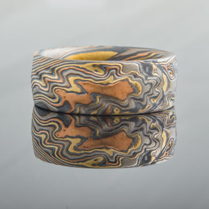 Mokume gane ring mens red gold, yellow gold, silver, palladium mokume gane ring with bespoke pattern. High art 