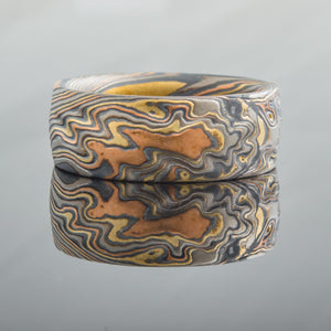 Mokume gane ring mens red gold, yellow gold, silver, palladium mokume gane ring with bespoke pattern. High art 