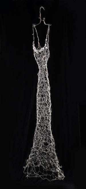 Tin coated copper wire woven with resin, glass, and silver leaf. Wire Dress Sculpture
