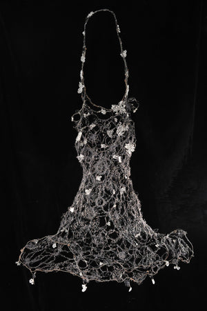 Oxidized copper wire, hand woven with glass and resin. Wire and glass Dress Sculpture 