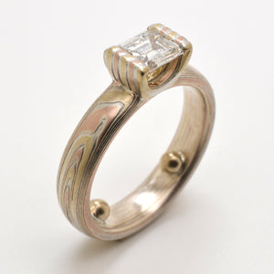 mokume gane wedding diamond ring in gold, red gold and silver